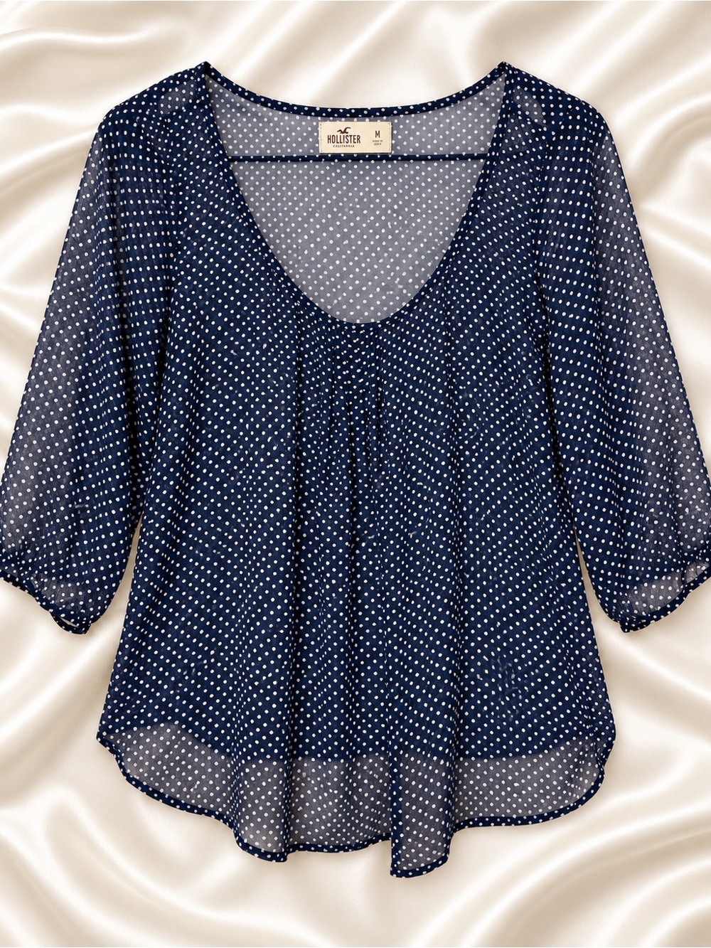 Hollister Navy White Polka Dot Sheer 3/4 Sleeve Blouse Women’s M